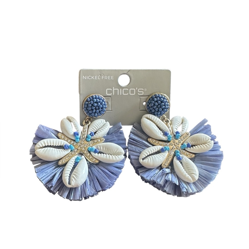 Chico’s Periwinkle Shell and Starfish Raffia Fan Drop Earrings